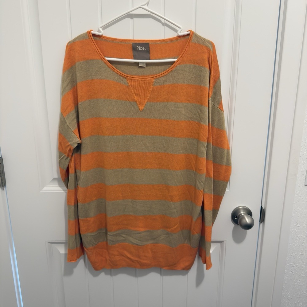 Pixie Women's Orange Brown Stripe‎ Lightweight Sweater Long Sleeve Size Large
